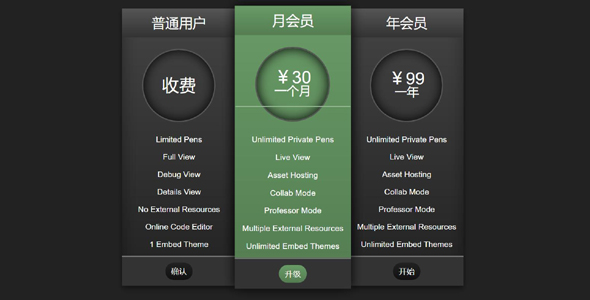 jQuery CSS3会员开通页面价格对比